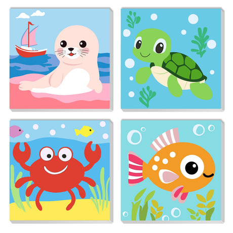QENSPE Framed 4 Pack Paint by Numbers Kit for Kids,Cute Sea Animals Kids Paint by Number Ages 8-12,Crab and Fish DIY Acrylic Oil Painting Arts on Canvas for Children Beginner,Home Wall Decor (8x8inch) QENSPE