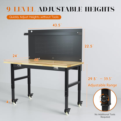 Betterhood 48" Heavy Duty Adjustable Workbench with Large Pegboard, Adjustable Work Table with Power Outlets & Lockable Wheels, Rubber Wood Workstation for Garage, Workshop, Office, Home, Com - WoodArtSupply