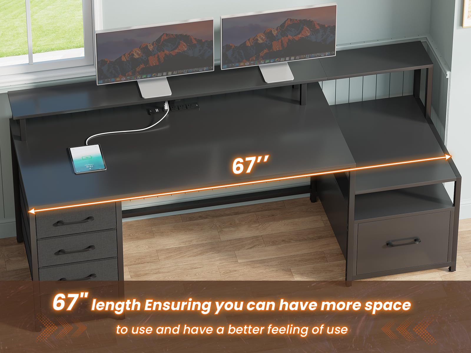 SEDETA Computer Desk with 5 Drawer, Power Outlet & Led Lights, 66'' Home Office Desk with File Drawer, Storage, Monitor Shelf, Gaming Desk, Black - WoodArtSupply