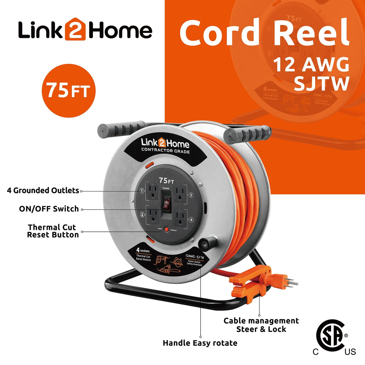 Link2Home Contractor Grade Retractable Extension Cord Reel 75 Ft. With 4 Outlets & Heavy Duty/High Visibility 3-Prong SJTW Cord Link2Home