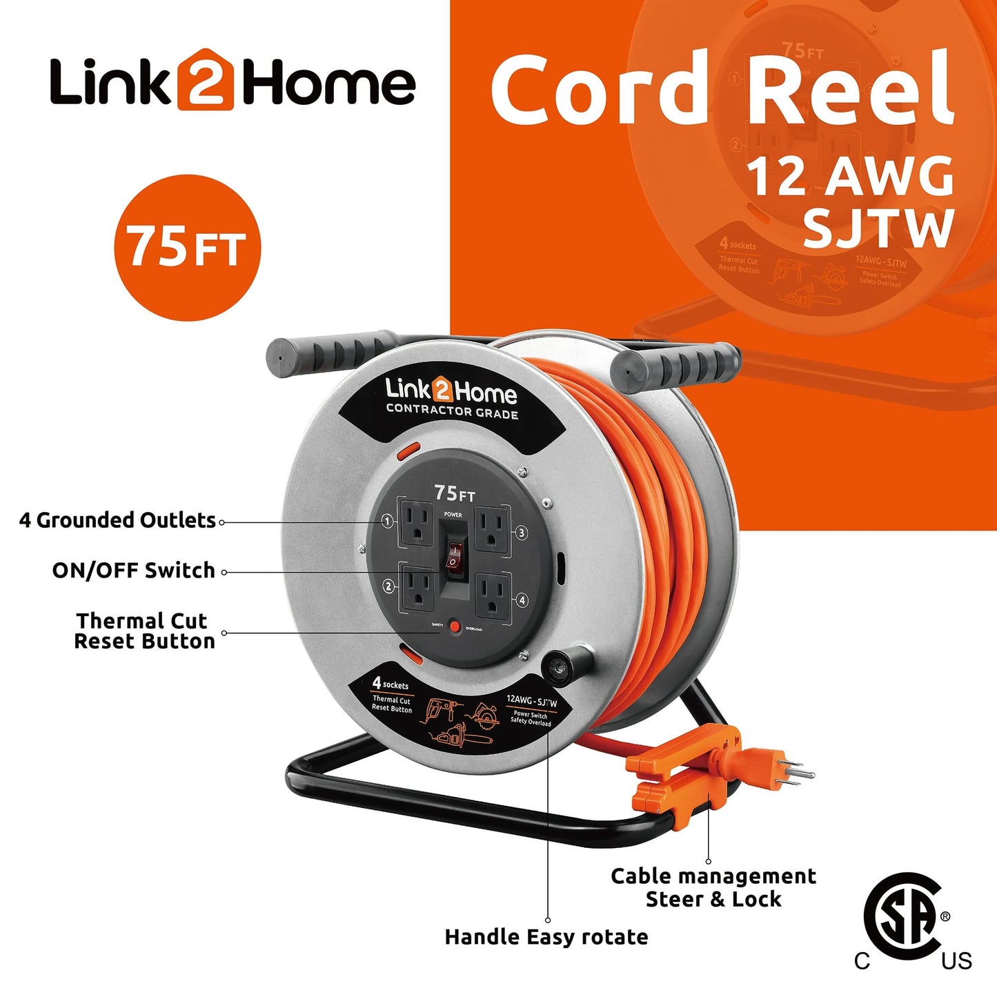 Link2Home Contractor Grade Retractable Extension Cord Reel 75 Ft. With 4 Outlets & Heavy Duty/High Visibility 3-Prong SJTW Cord