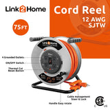 Link2Home Contractor Grade Retractable Extension Cord Reel 75 Ft. With 4 Outlets & Heavy Duty/High Visibility 3-Prong SJTW Cord Link2Home