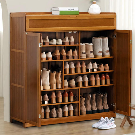 wrdela 7 Tier Bamboo Shoe Storage Cabinet, Freestanding Shoe Rack with Doors, Shoe Cabinet with 1 Flip Drawers Shoe Organizer for Entryway Slim, Hallway, Bedroom (Brown - Flip) wrdela