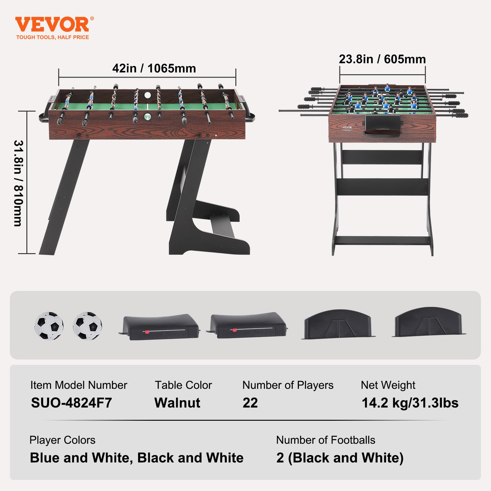 VEVOR Folding Foosball Table, 42 inch Standard Size Foosball Table, Indoor Full Size Foosball Table for Home, Family, and Game Room, Soccer with Foosball Table Set, Includes 2 Balls - WoodArtSupply