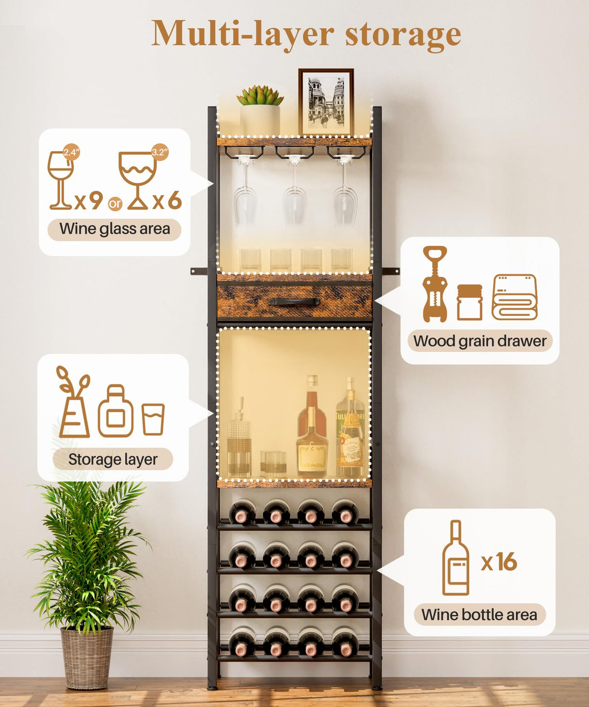 Vilaxing Wine Rack Freestanding Floor, Liquor Bar Cabinet with Storage Drawer, 4-Tier Bottle and 3-Row Glass Holder with Tabletop for Home Kitchen Living Room Vilaxing