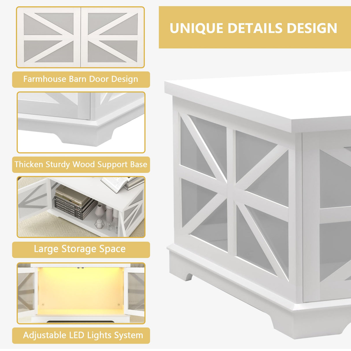 Farmhouse LED Coffee Table for Living Room, Modern Square Coffee Table with Storage, White Coffee Table Decor, Small Wood Coffee Table, Unique Coffee Cabinet for Office, Reception Room yesasin