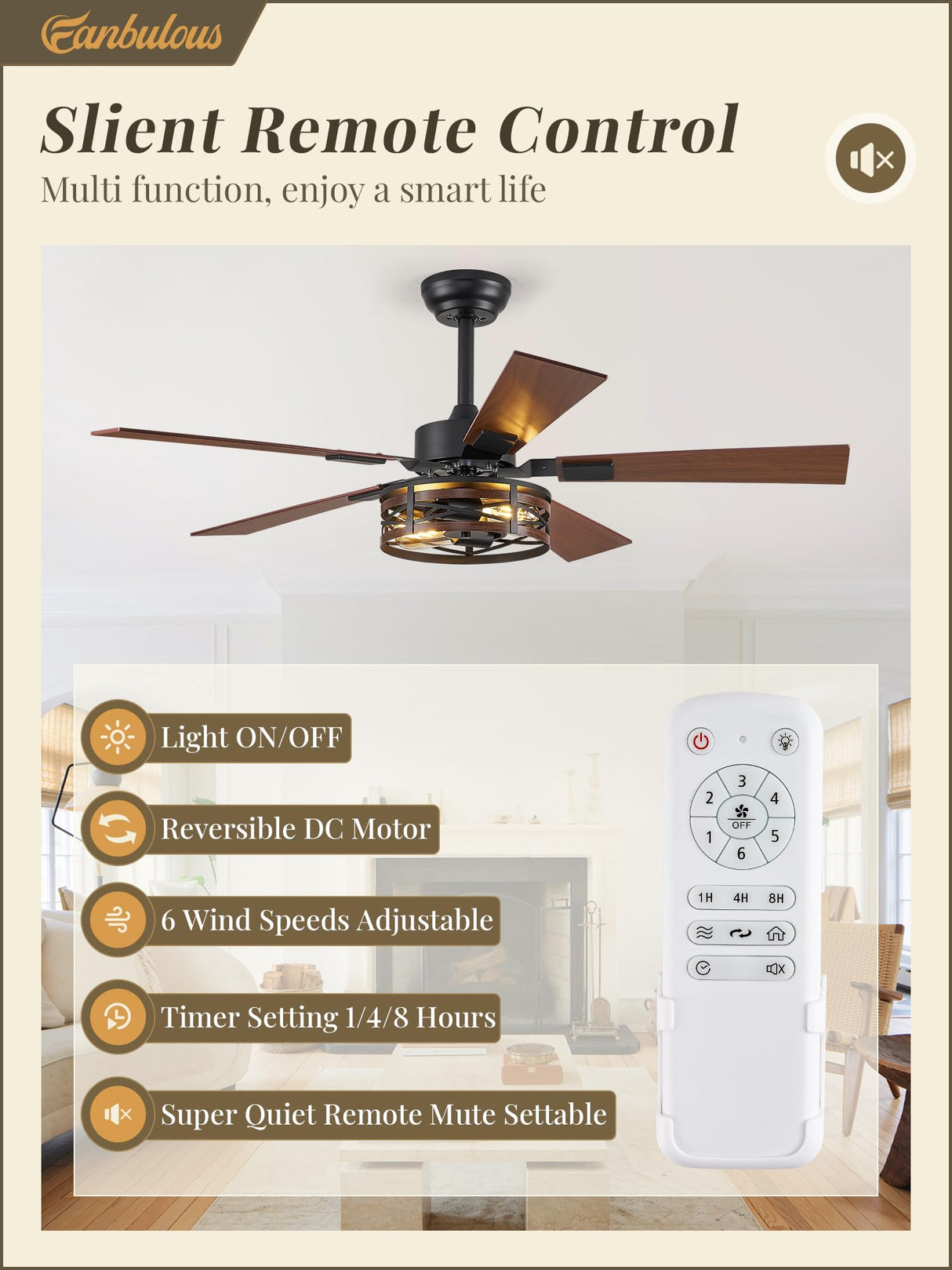 Farmhouse Ceiling Fans with Light, 48 Inch Bedroom Ceiling Fan with Lights, 6-Speed Adjustable, Quiet and Reversible DC Motor, Dual Finish 5 Blades, Rustic Caged Ceiling Fan for Living Room Fanbulous