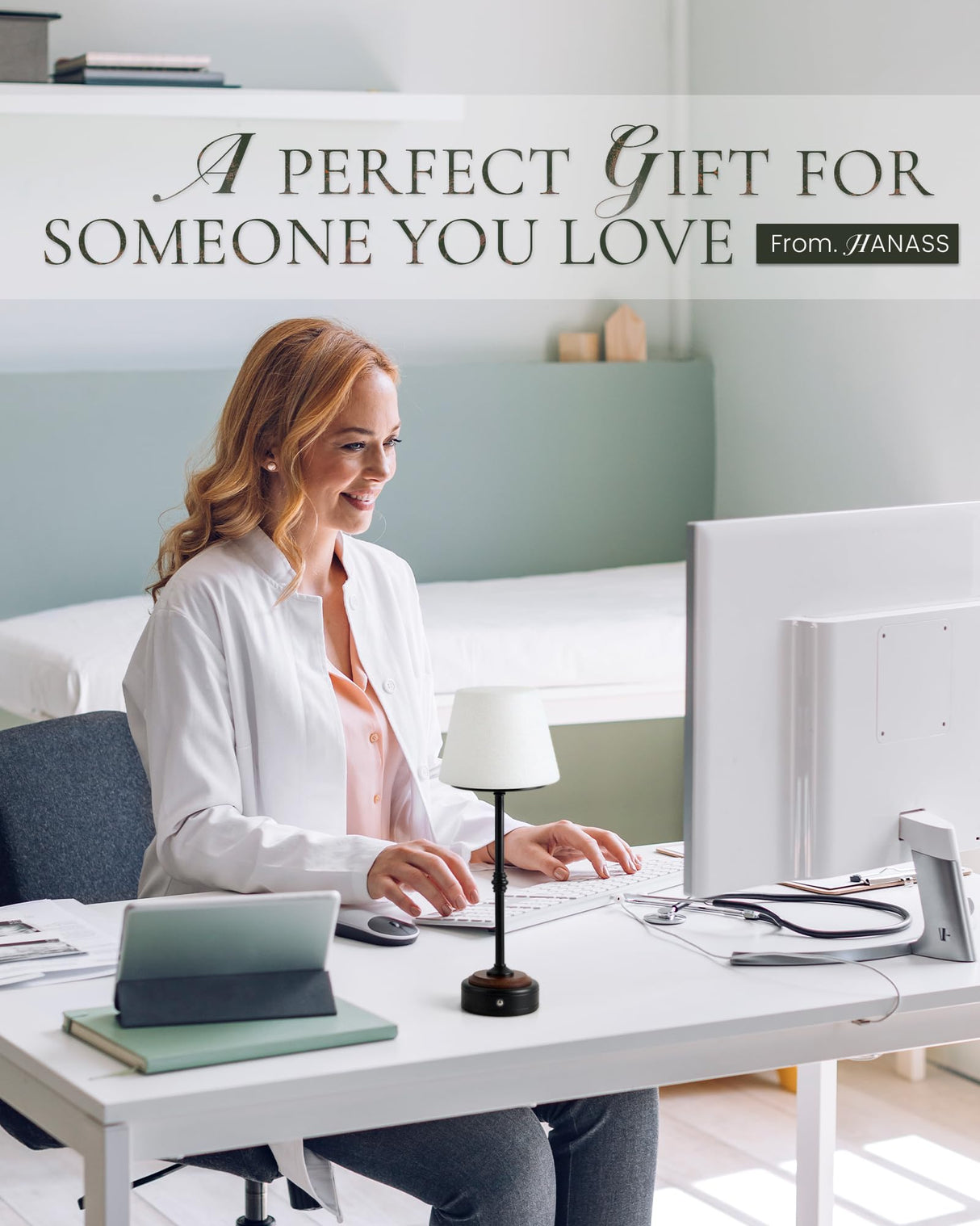 HANASS Cordless LED Table Lamp, Black Desk Lamp with Solid Wood Base, Patio Table Lamp Built-in Rechargeable Battery, 3-Level Brightness Dimmable,Wireless Bedside Night Lamp MT2315 HANASS