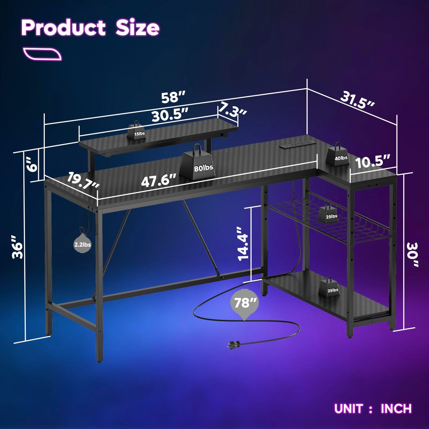 Bestier 58 L Shaped Gaming Desk with LED Lights & Power Outlets,Reversible Home Office Corner Desk with Shelves,Larger PC Workstation with Hooks for Studying,Desk for Bedroom,Carbon Fiber Black