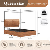Modern Canopy Bed Frame with Upholstered Faux Leather Headboard – Tall Four Poster Metal Platform Bed, No Box Spring Needed, Queen Size, Brown and Black SAMTRA