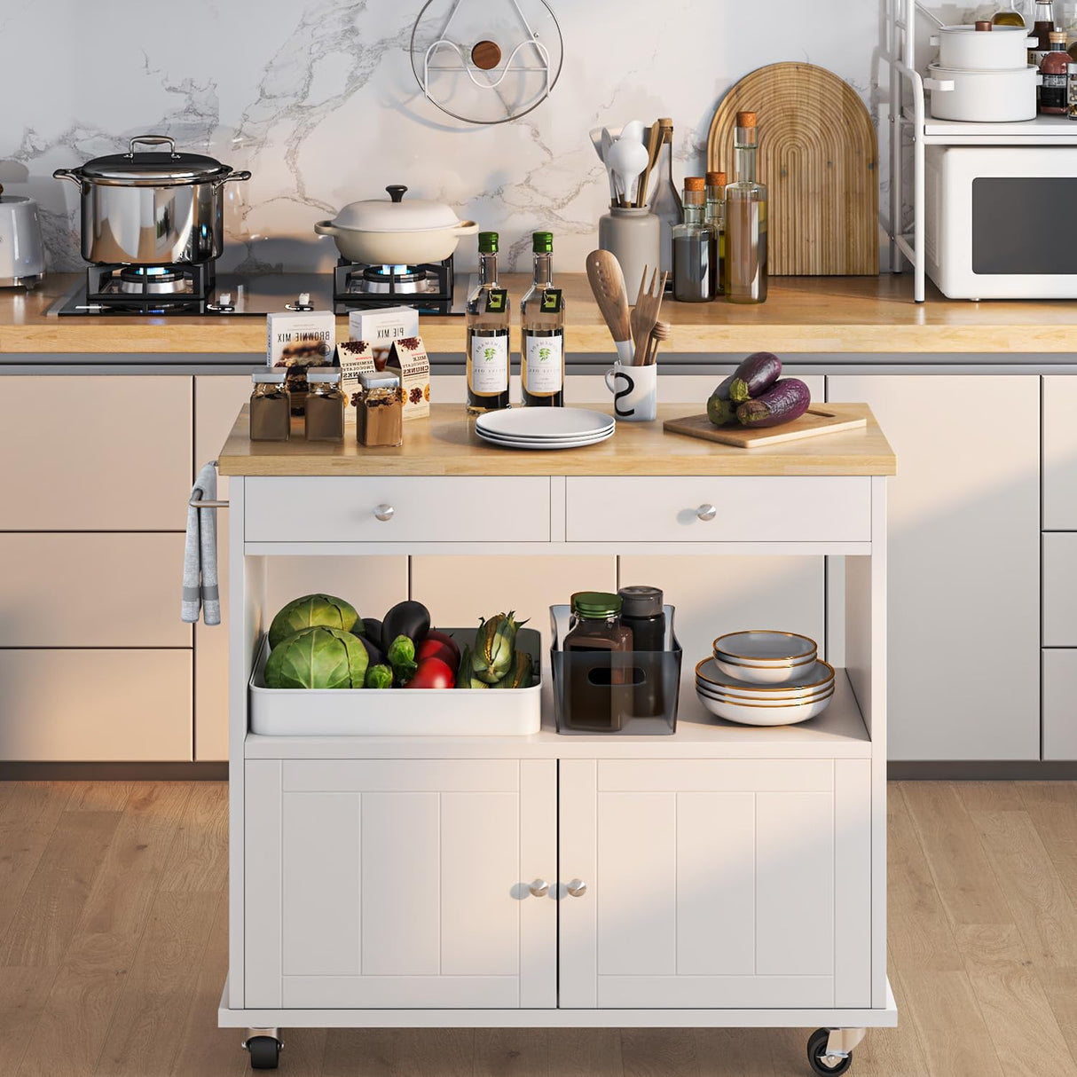 knoworld Rolling Kitchen Island with Storage Cabinet, 35.4'' Width Kitchen Cart, 2 Drawers Island Table, Portable Mobile Kitchen Island with Towel Rack, Wood Top and Lockable Wheels, White knoworld