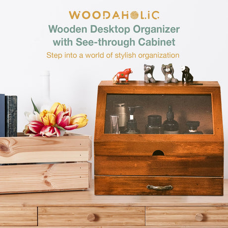Vintage Tabletop Organizer with Glass Top Compartment -2-Tier Display Cabinet for Desk - Wooden Desktop Storage Box with Drawer and See-through Cabinet - Mahogany Brown Organizing Unit Woodaholic