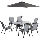 Outsunny 8 Pieces Patio Furniture Set with 9Ft Patio Umbrella, Outdoor Dining Table and Chairs, 6 Chairs, Push Button Tilt and Crank Parasol, Tempered Glass Top, Gray Outsunny