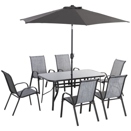 Outsunny 8 Pieces Patio Furniture Set with 9Ft Patio Umbrella, Outdoor Dining Table and Chairs, 6 Chairs, Push Button Tilt and Crank Parasol, Tempered Glass Top, Gray Outsunny