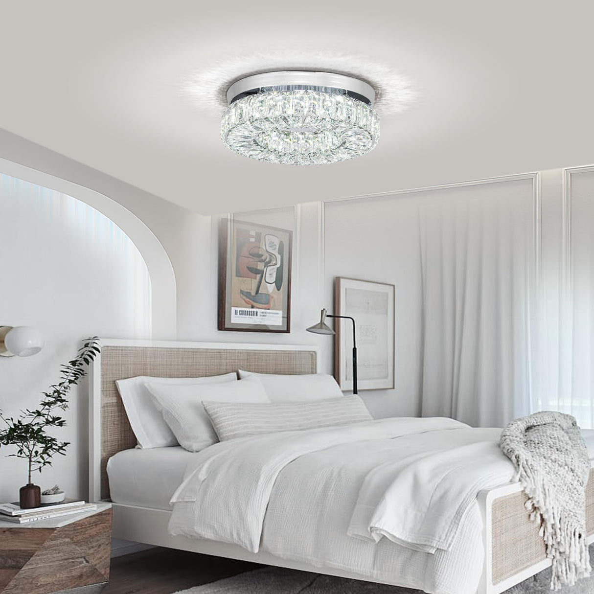 11.8” Crystal Ceiling Light Fixture Bedroom Chandelier Ceiling Light LED Flush Mount Chandelier for Dining Room Hallway (6500K Cool White) Without Remote Control Cainjiazh