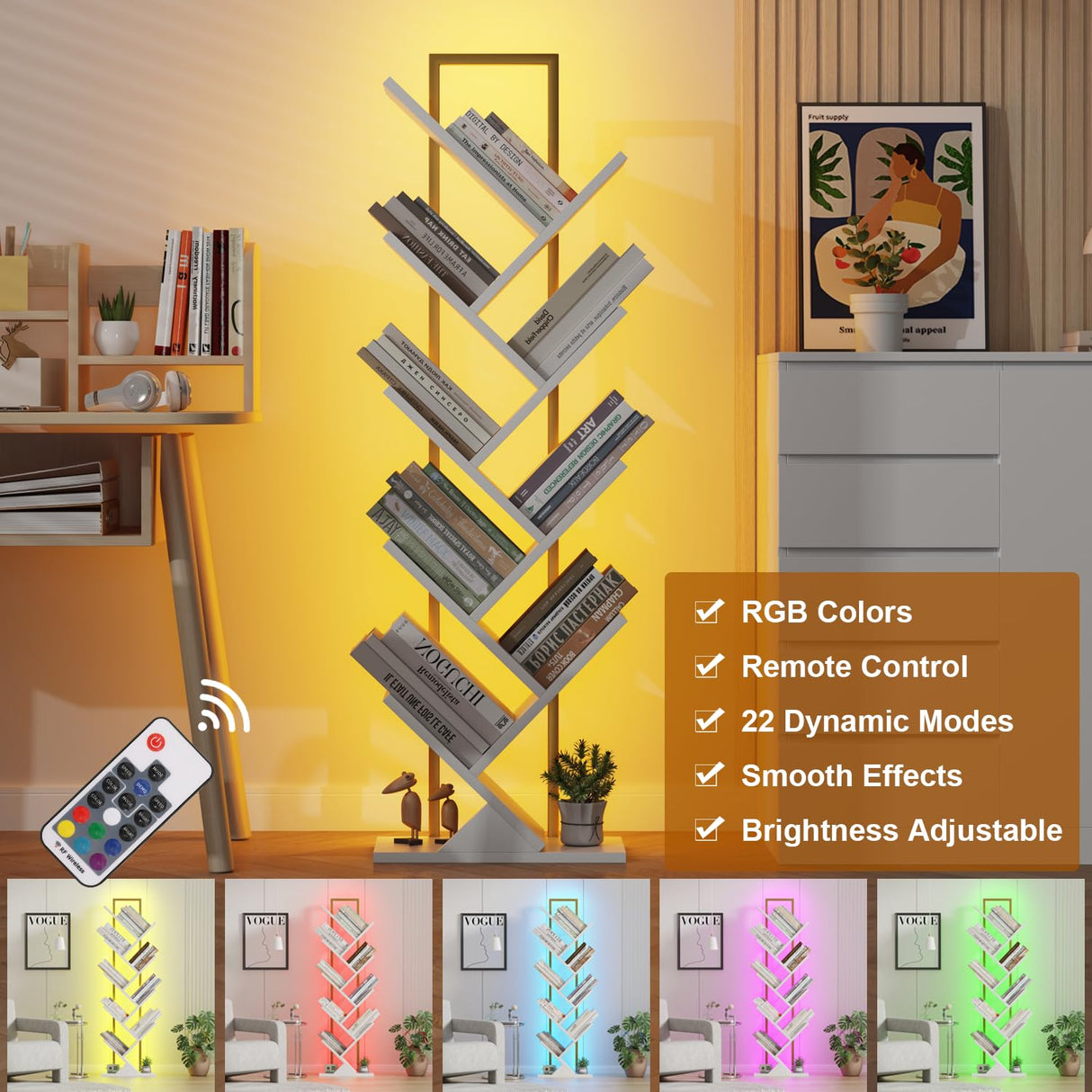 Qupui Bookshelf with LED Lights, 9 Tier Tree Bookshelf, Floor Standing Bookcase, Classical Corner Bookshelf Kids Bookshelf, Tall Bookshelf, White Book Shelf for Bedroom, Living Room, Home Office Qupui