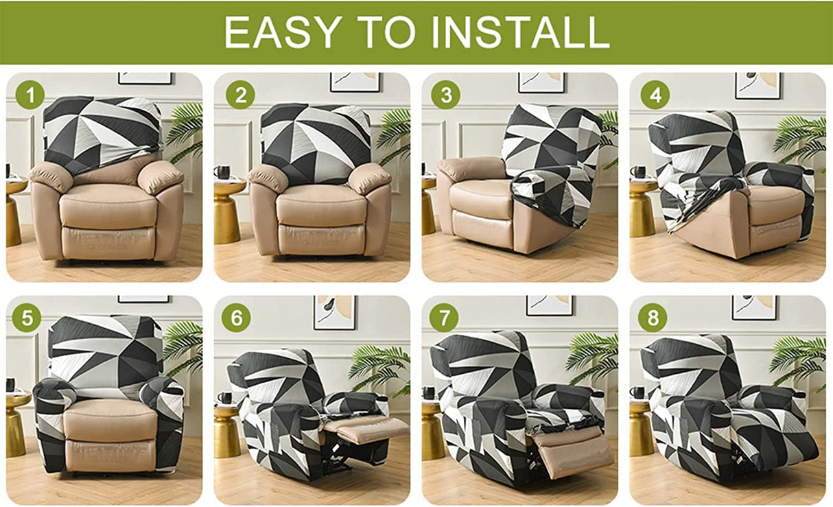 CHNSHOME Recliner Chair Covers, 4-Piece Stretchy Slipcover with Remote Control Pocket, Black and White Leaves Pattern, Traditional Style CHNSHOME