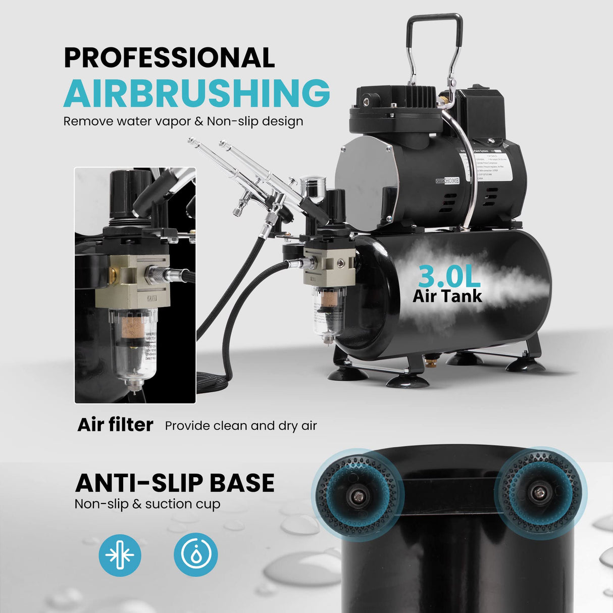 VIVOHOME Airbrush Kit with Professional Air Compressor with 3L Tank, Quiet Airbrushing Paint System with 3 Dual Action Air Brush Gun, Gravity and Siphon Feed, Holder, Cleaning Brush, 2 Cup VIVOHOME