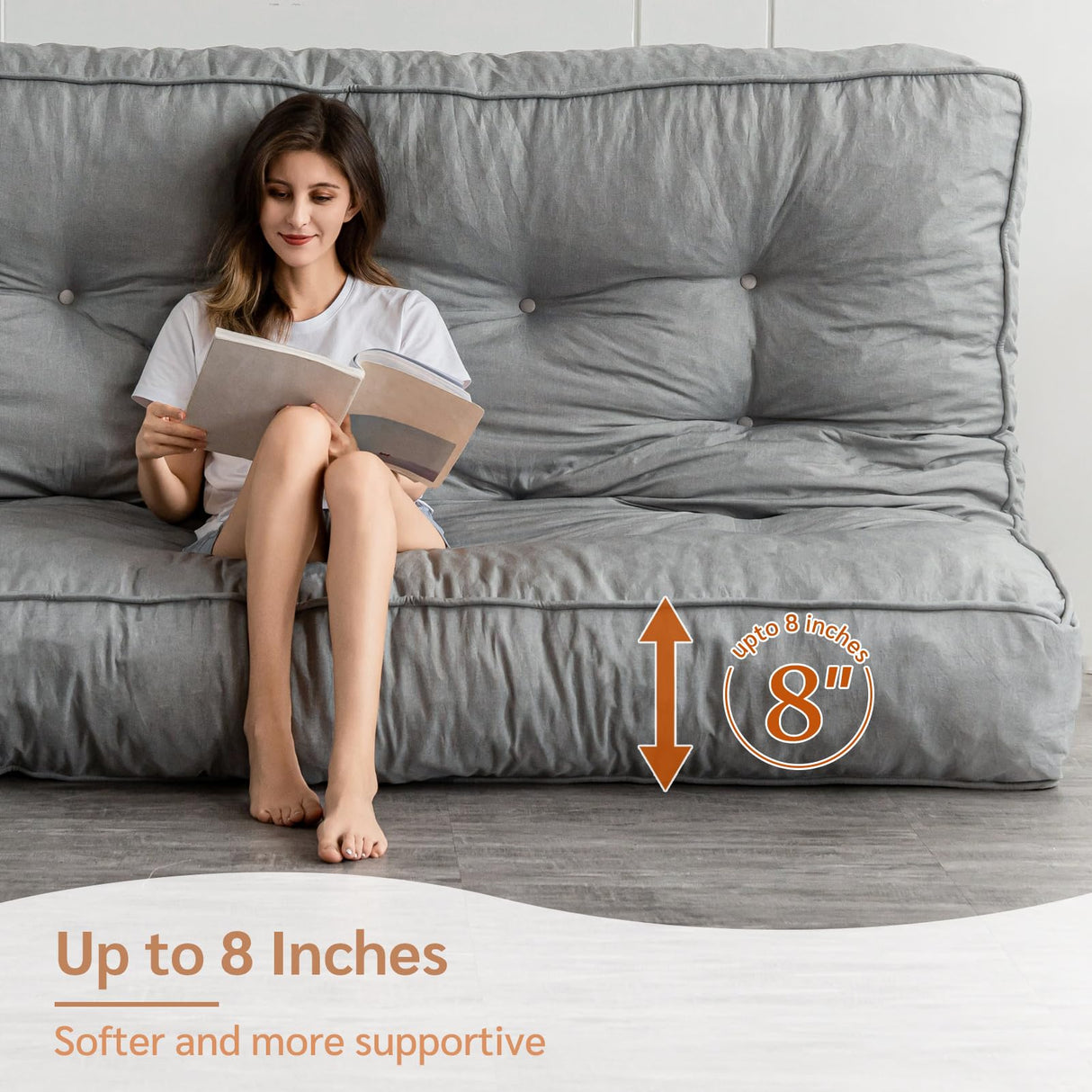 YOSHOOT 8 Inches Futon Mattress Full Size, Thick Futons Sofa Couch Bed, Floor Mattress for Adults, Shredded Foam Filling, Medium Firm(Frame Not Included), Grey YOSHOOT