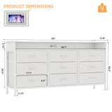 WODRAWER White Dresser for Bedroom with 9 Drawers, Long Dresser TV Stand with LED Lights & Charging Station, Fabric Chests of Drawers for Closet Entryway Living Room WODRAWER