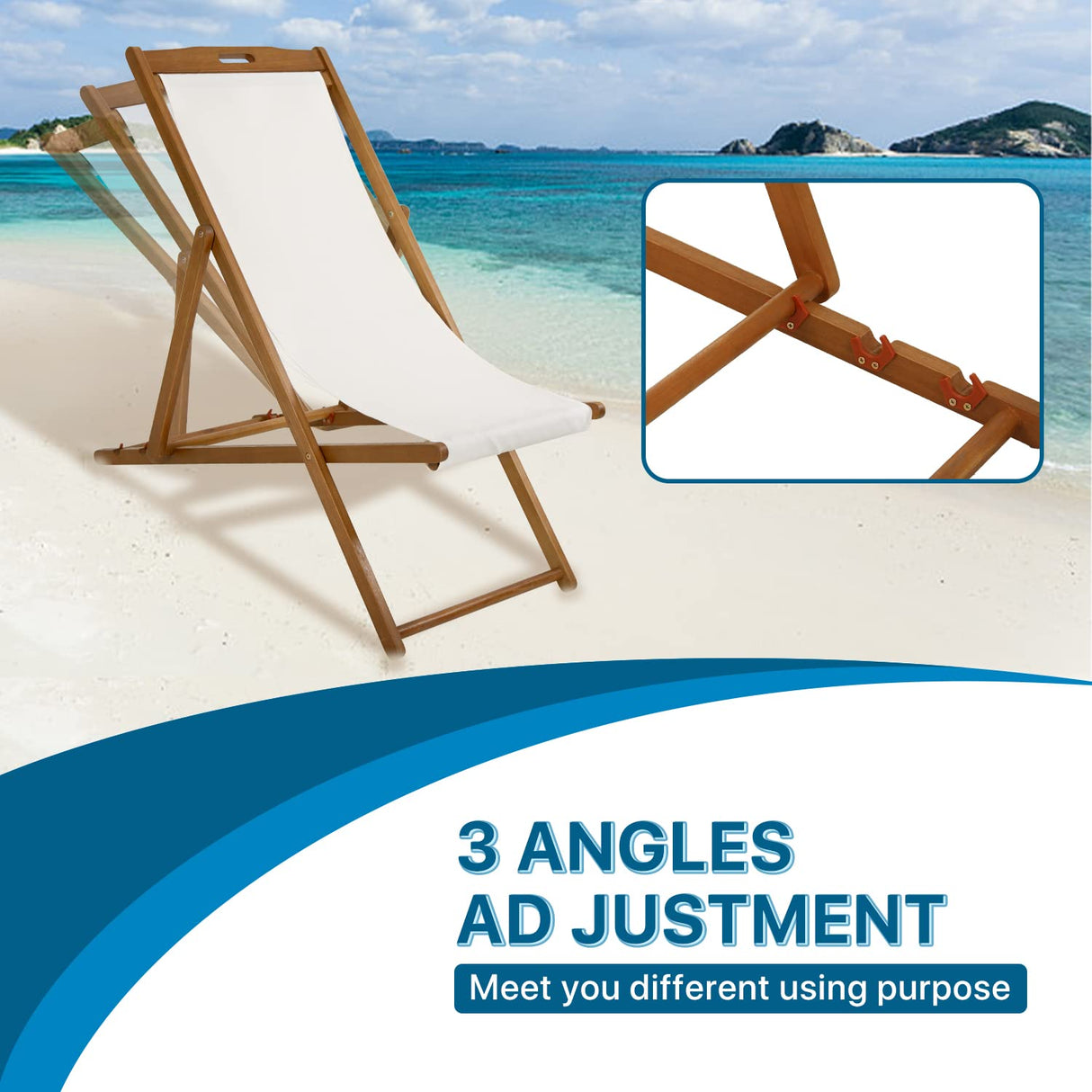 Beach Sling Chair Set of 2, Outdoor Folding Wood Beach Chair with White Polyester Canvas, 3 Level Adjustable Height Patio Lounge Chair Dkeli