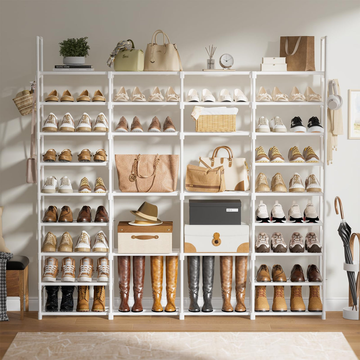 WOWLIVE 4 Row 9 Tiers Extra Large Shoe Rack 64-72 Pairs Big Tall Metal Shoe Shelf, Heavy Duty Organizer for Closet Entryway, Boot Rack Storage Stackable Stand for Garage White WOWLIVE