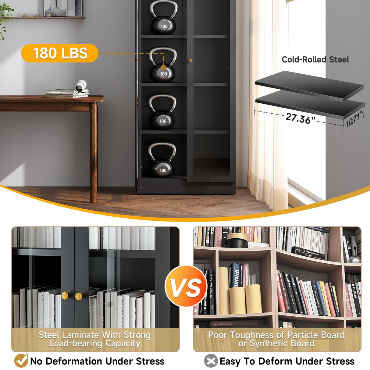 IRONMIX Metal Black Bookshelf with Doors, Tall Bookshelf with 4 Adjustable Shelves, 70.87" H Modern Curio Cabinet for Collectibles, Cabinet Display Case for Home Office, Living Room, School, Library IRONMIX