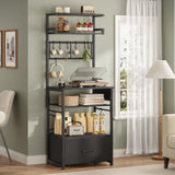 Itaar 6 Tier Bakers Rack, Coffee Station with Power Outlet, Farmhouse Small Coffee Bar with Drawer for Small Space, Microwave Stand with Storage and 8 Hooks for Kitchen, Living Room (Black) Itaar