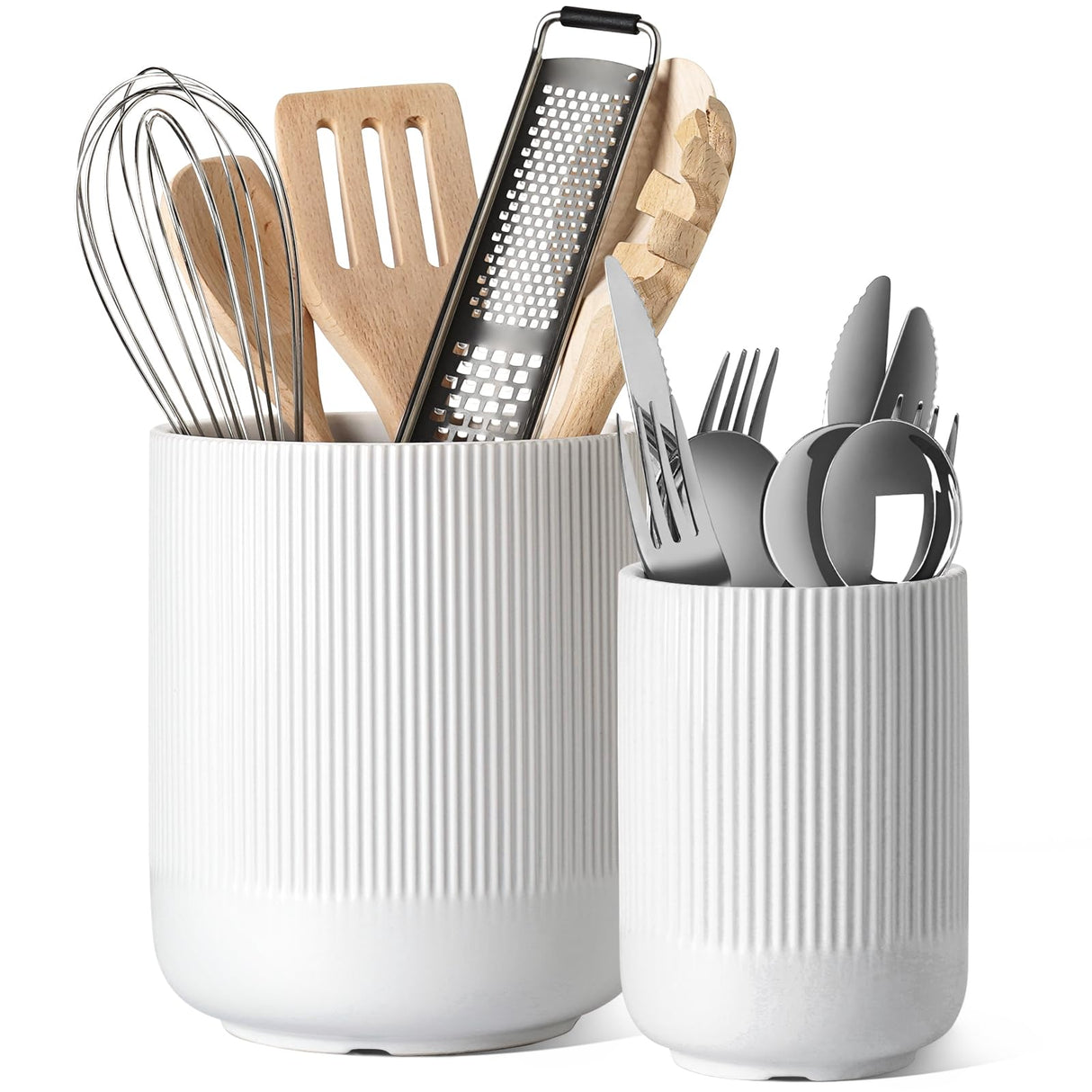 LE TAUCI Utensil Holder, 7.3"+5.4" Ceramic Kitchen Utensil Holder for Countertop, Large Cooking Utensil Crocks for Kitchen Counter, Morden Utensil Organizer for Spatula, Kitchen Decor, Set of 2, White LE TAUCI