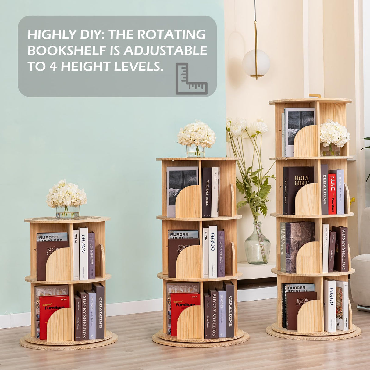 BUYWAY 360° Rotating Solid Wood Bookshelf Tower - Versatile 4-Tier Bookcase for Kids & Adults in Natural Finish BUYWAY