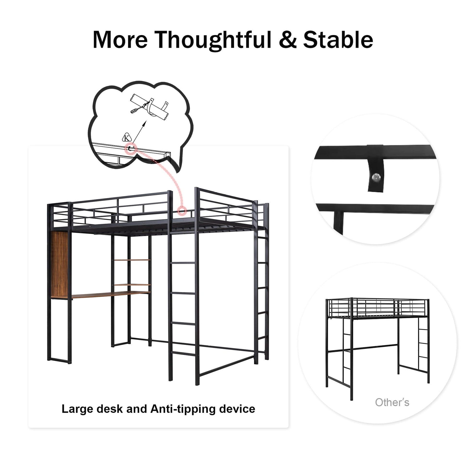 Merax Black Twin Metal Loft Bed with Desk and Shelves, Noise-Free Design - WoodArtSupply