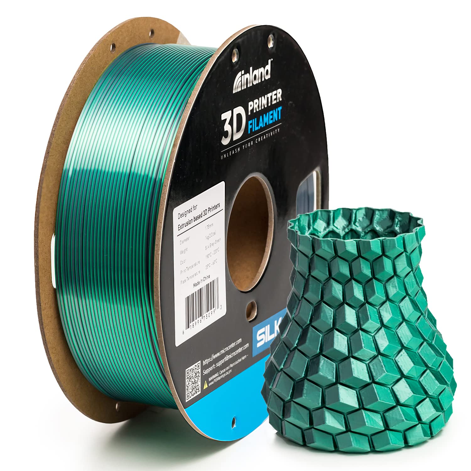 INLAND Micro Center Dual Color Silk PLA 3D Printer Filament 1.75mm - Gray to Green Color Change - Coextrusion Silk Filament - Dimensional Accuracy +/- 0.03mm - 1kg Cardboard Spool (2.2 lbs) - WoodArtSupply