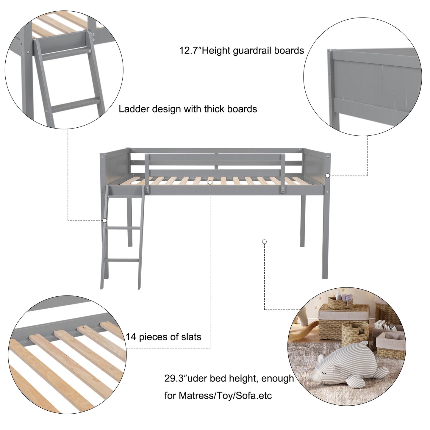 Merax Grey Low Loft Bed with Convertible Ladder and Full Guardrail, No Box Spring Needed - WoodArtSupply