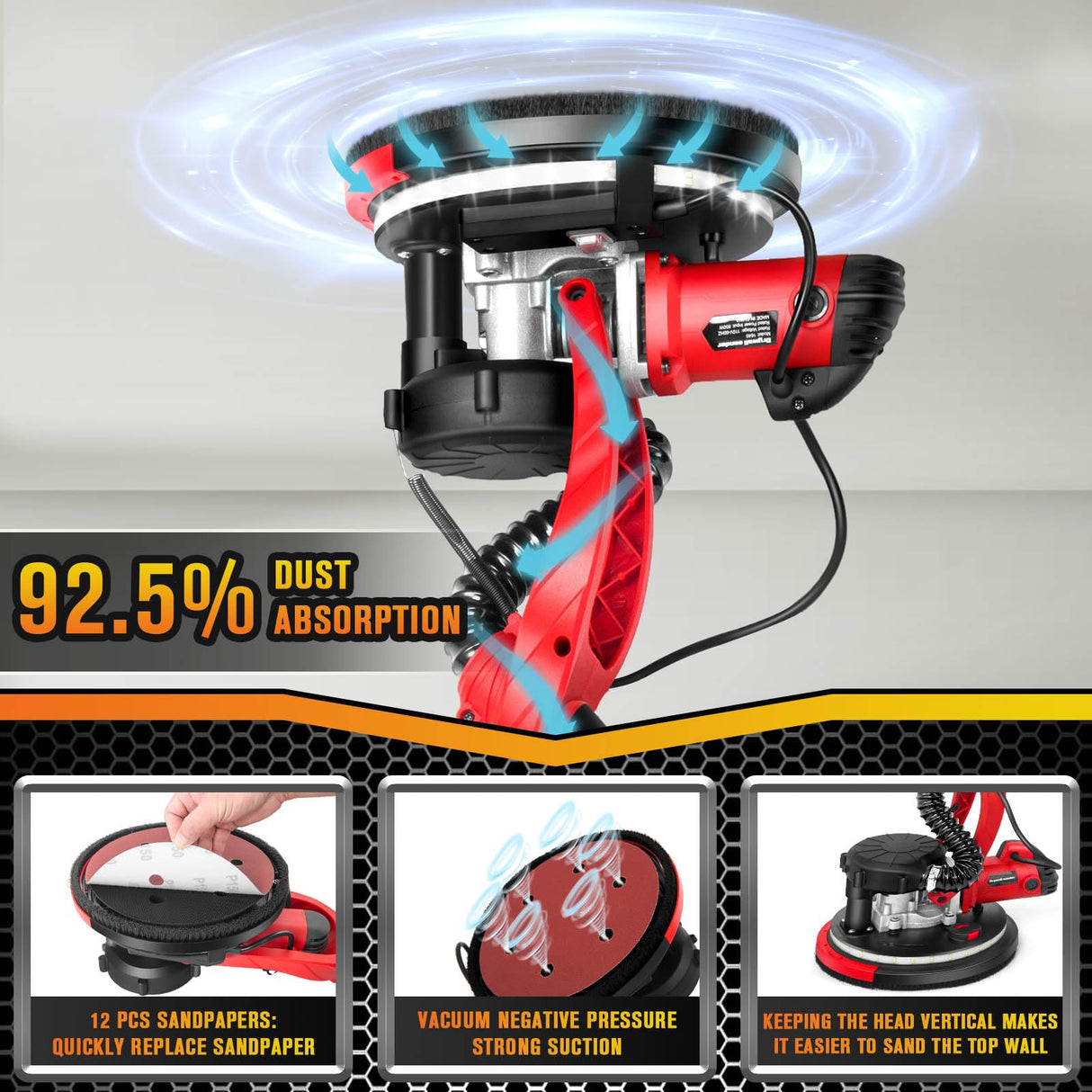 Drywall Sander with 5 Variable Speeds and Double-Deck LED，750W High Power - Ideal for grinding drywall, ceilings, interior walls, exterior walls,loose plaster LuckySlycyc