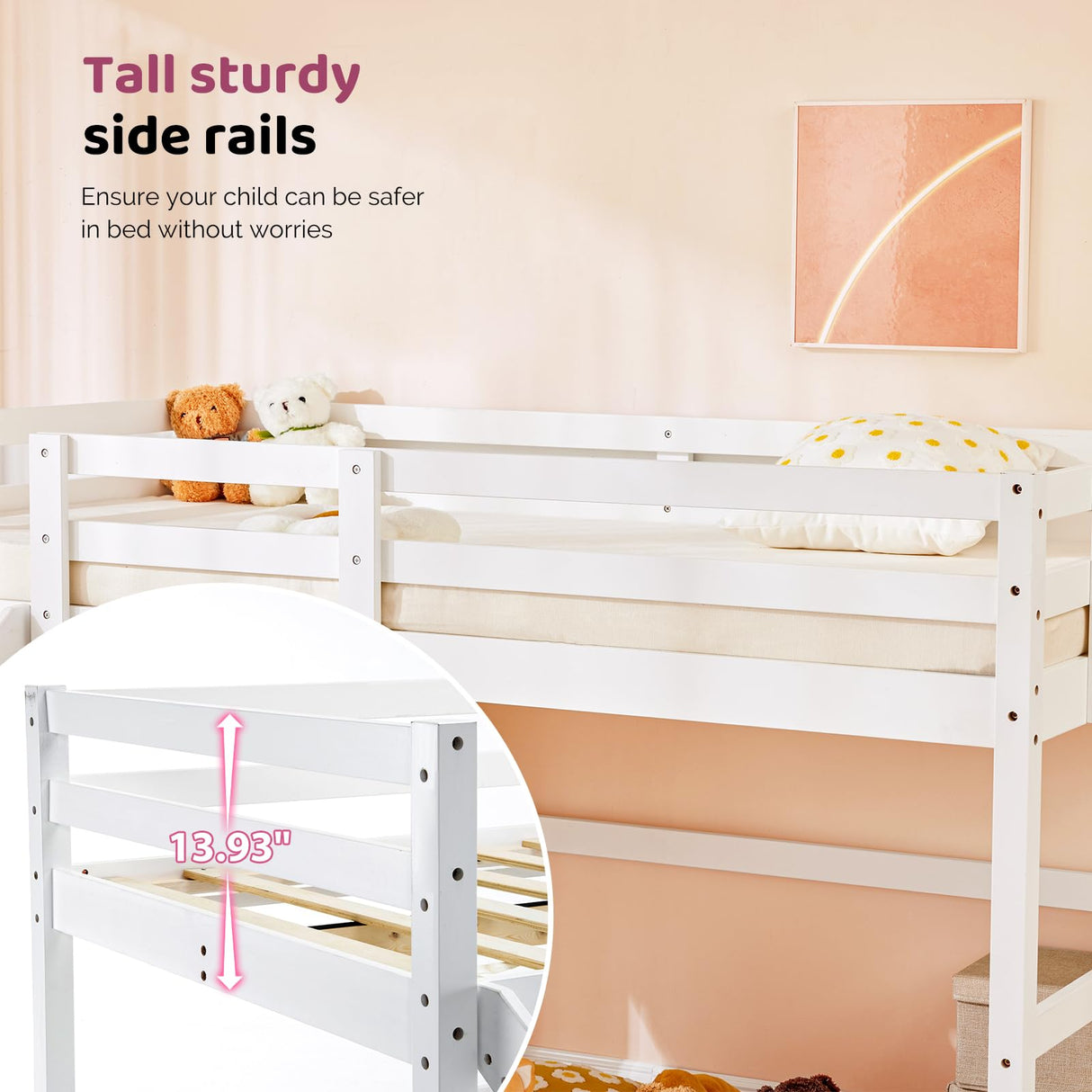 VINGLI Loft Bed with Slide, Twin, Space Saving Kids Low Loft Bed with Guardrail and Ladder, Pine Wood and Sturdy Bed Frame for Boys and Girls, White VINGLI