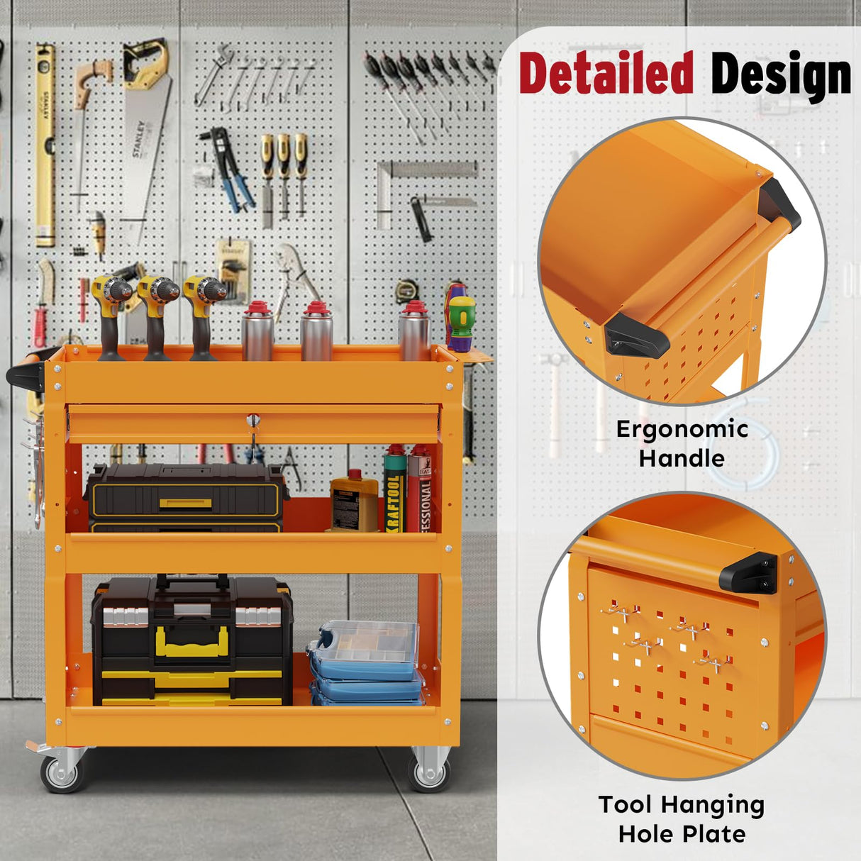 Cemostey 3-Tier Rolling Utility Cart, Heavy Duty Tool Cart on Wheels, Metal Service Cart with Locked Drawers for Garage, Warehouse and Repair Shop (Orange) Cemostey