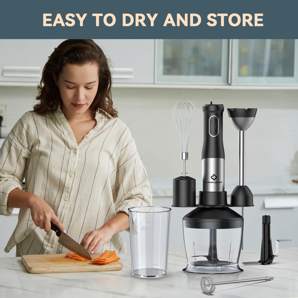 LINKChef 7 in 1 Immersion Blender Scratch Resistant, 2 Titanium Steel Blades 800W Hand Blender, 20 Speed and Turbo Mode Stick Blender Immersion with Whisk, Milk Frother, Food Processor, Beaker LINKChef