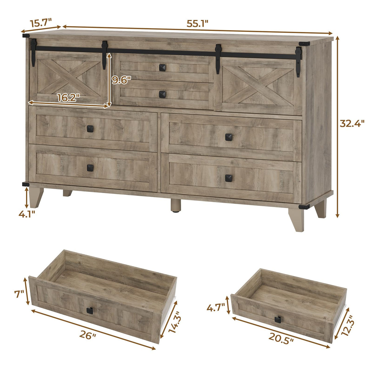 Hasuit Farmhouse 6 Drawers Dresser for Bedroom, Retro Chest of Drawers with Sliding Barn Door, Bedroom Long Storage Dressers Organizer, Rustic Oak Hasuit