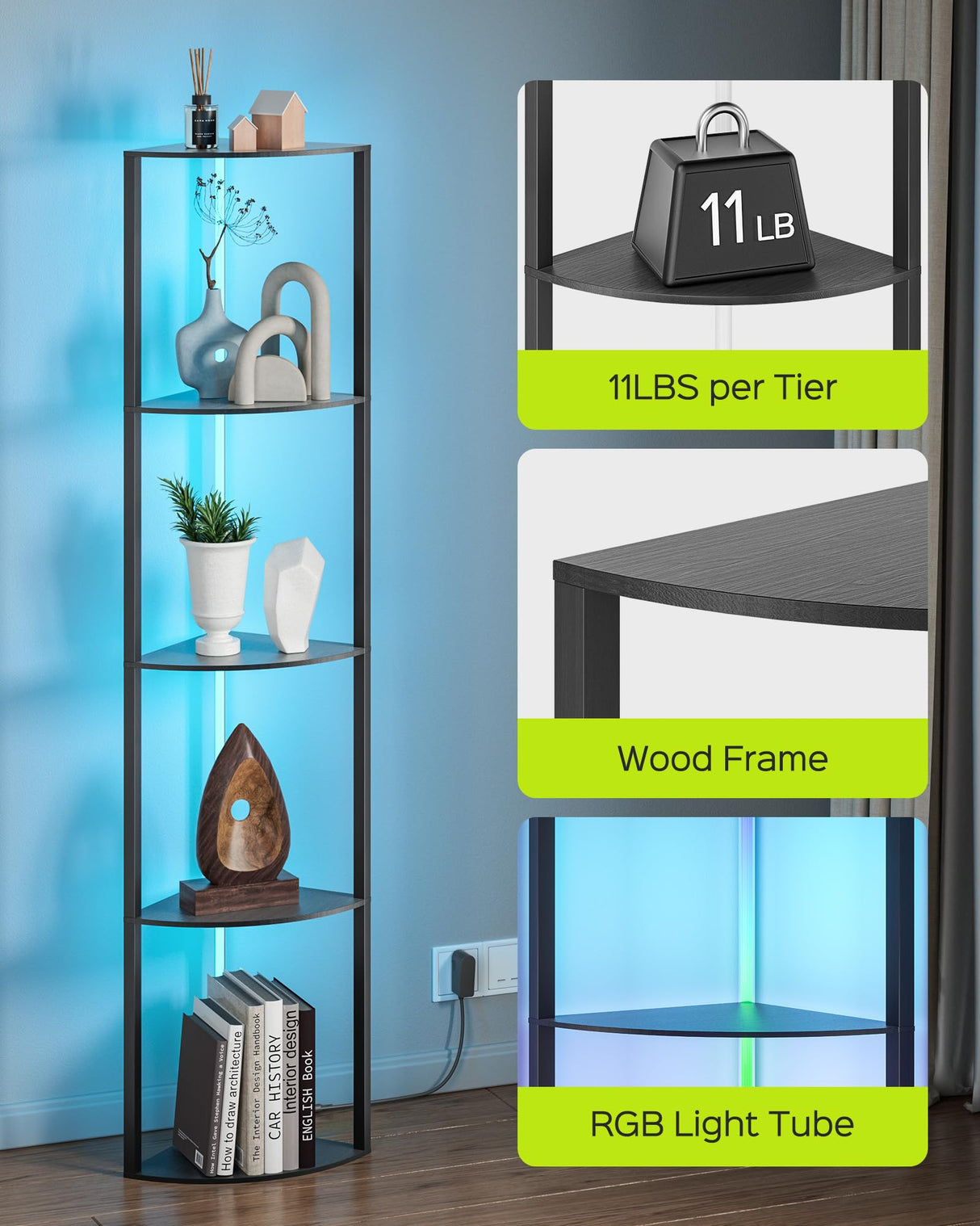 JACKYLED 5-Tier Corner Display Shelves, RGB Led Floor Lamp Corner Storage for Books Perfume Shelf with Light, Remote and App Control Music Sync Scheduled On/Off Tall Curio Cabinet JACKYLED