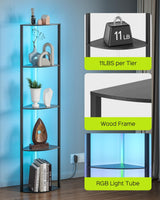 JACKYLED 5-Tier Corner Display Shelves, RGB Led Floor Lamp Corner Storage for Books Perfume Shelf with Light, Remote and App Control Music Sync Scheduled On/Off Tall Curio Cabinet JACKYLED