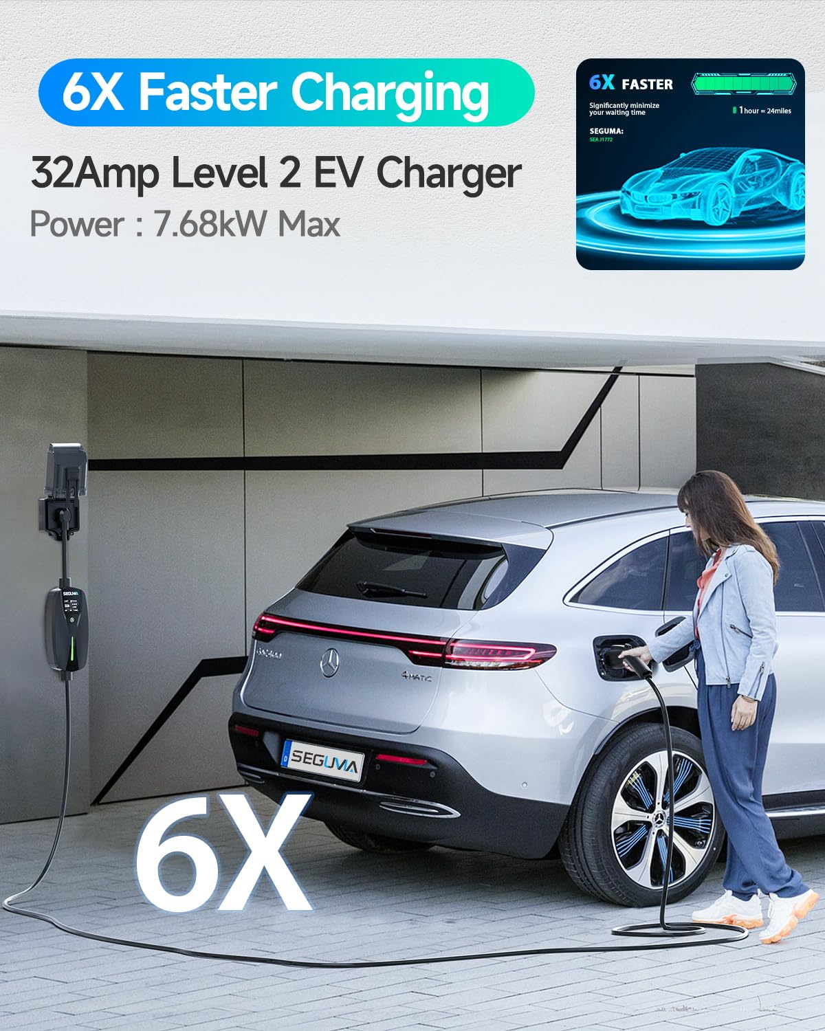 Level 2 EV Charger(32A, 240V, NEMA 14-50 Plug), Portable SAE Electric Car Charger with 25ft EV Charger Extension Cord, Adjustable Current, Home Outdoor Level 2 Mobile Electric Vehicle Charging Station SEGUMA