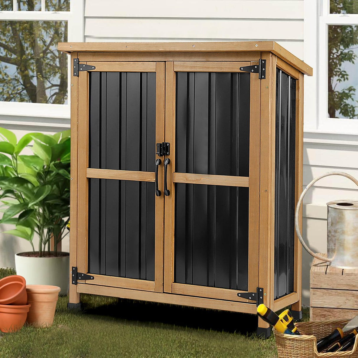 Weatherproof Outdoor Storage Cabinet with Lockable Doors, Wood & Metal Garden Storage Shed Patio Storage Box for Tools & Lawn Equipment, Pool Accessories PetsCosset