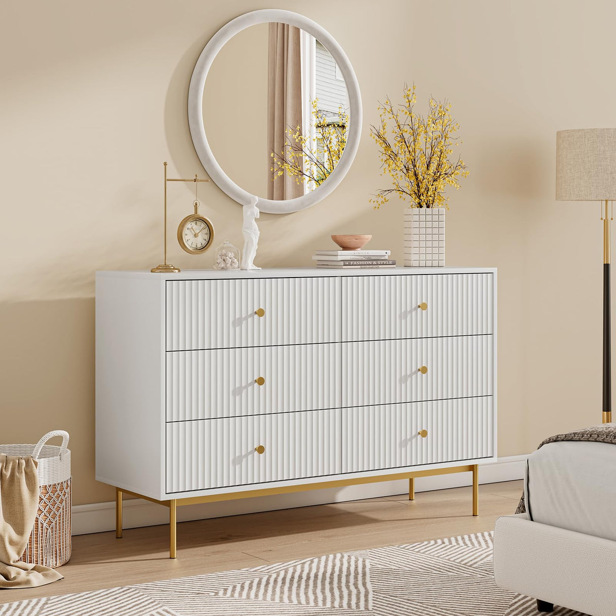 MAISONARIA 6 Drawer Double Dresser for Bedroom, White Dresser with Gold Handles, White 6 Drawer Dresser with Fluted Panels, Modern Wood Dresser Chest for Bedroom MAISONARIA
