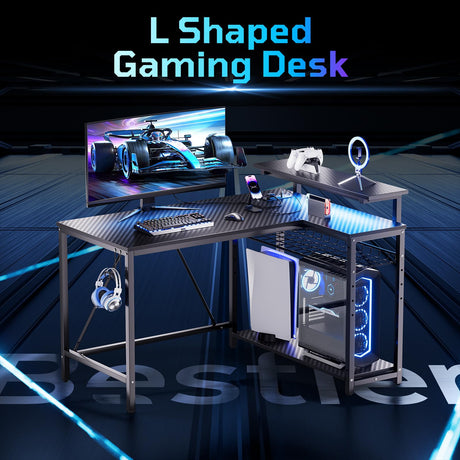 Bestier Gaming Desk with Power Outlets, 42" L-Shaped Gaming Desk with LED Lights, Desk with Reversible Storage Shelves & Hooks for Small Spaces, Bedrooms & Offices, Black Carbon Fiber Bestier