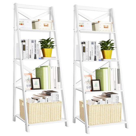 Tangkula 4-Tier Ladder Shelf Bookcase Leaning Free Standing Wooden Frame Decor Bookshelf Storage Flower Shelf Plant Display Shelf for Home Office (White, 2) Tangkula