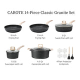 CAROTE 14Pcs Pots and Pans Set Non Stick, Cookware Sets Induction Cookware Granite Cooking Set with Frying Pans, Saucepans, Saute Pan, Extra Large Casserole CAROTE