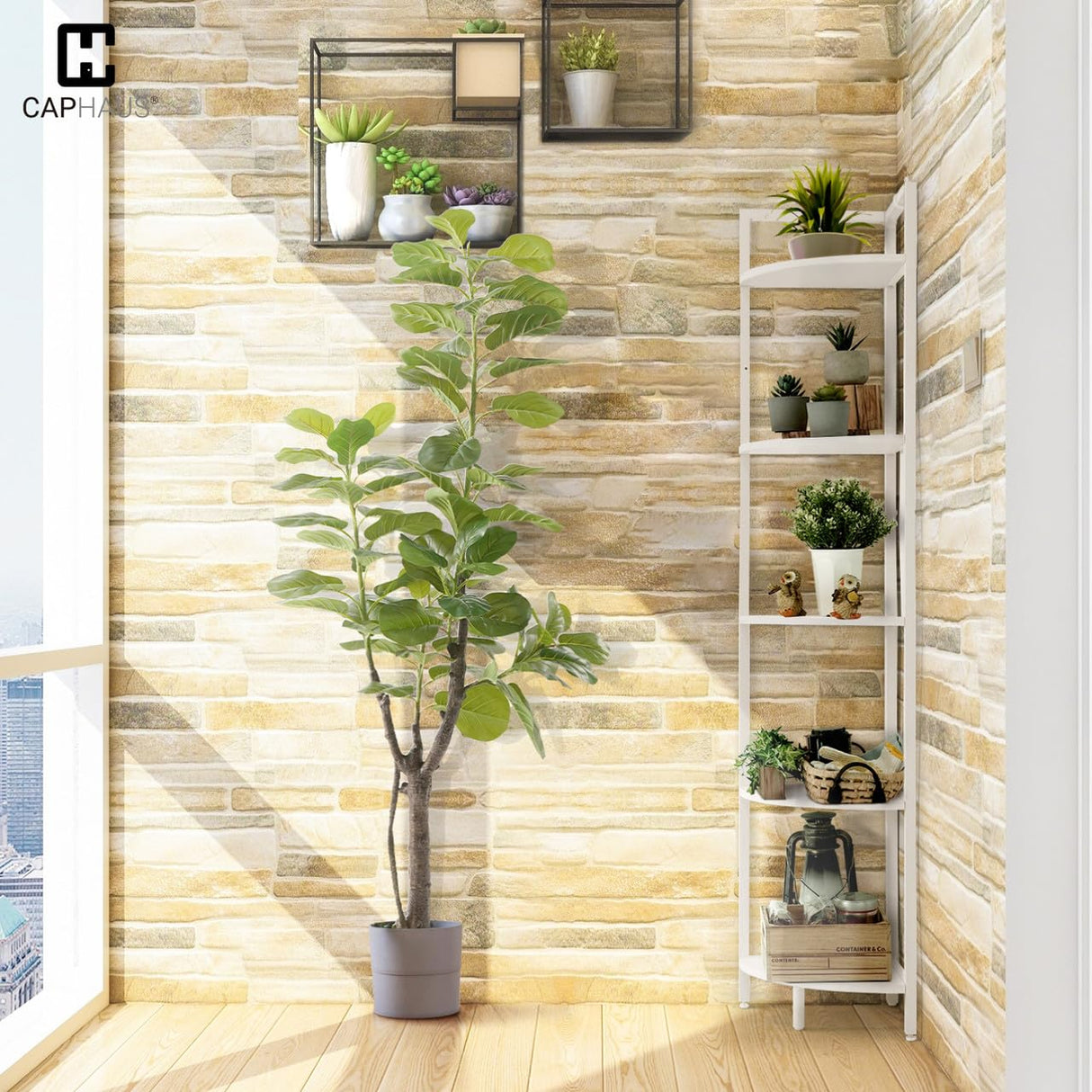 CAPHAUS 5-Tier Corner Shelf, Tall 59.1-Inch White Metal Frame Display Rack, Bookshelf Unit for Bathroom, Living Room, Home, Office CAPHAUS