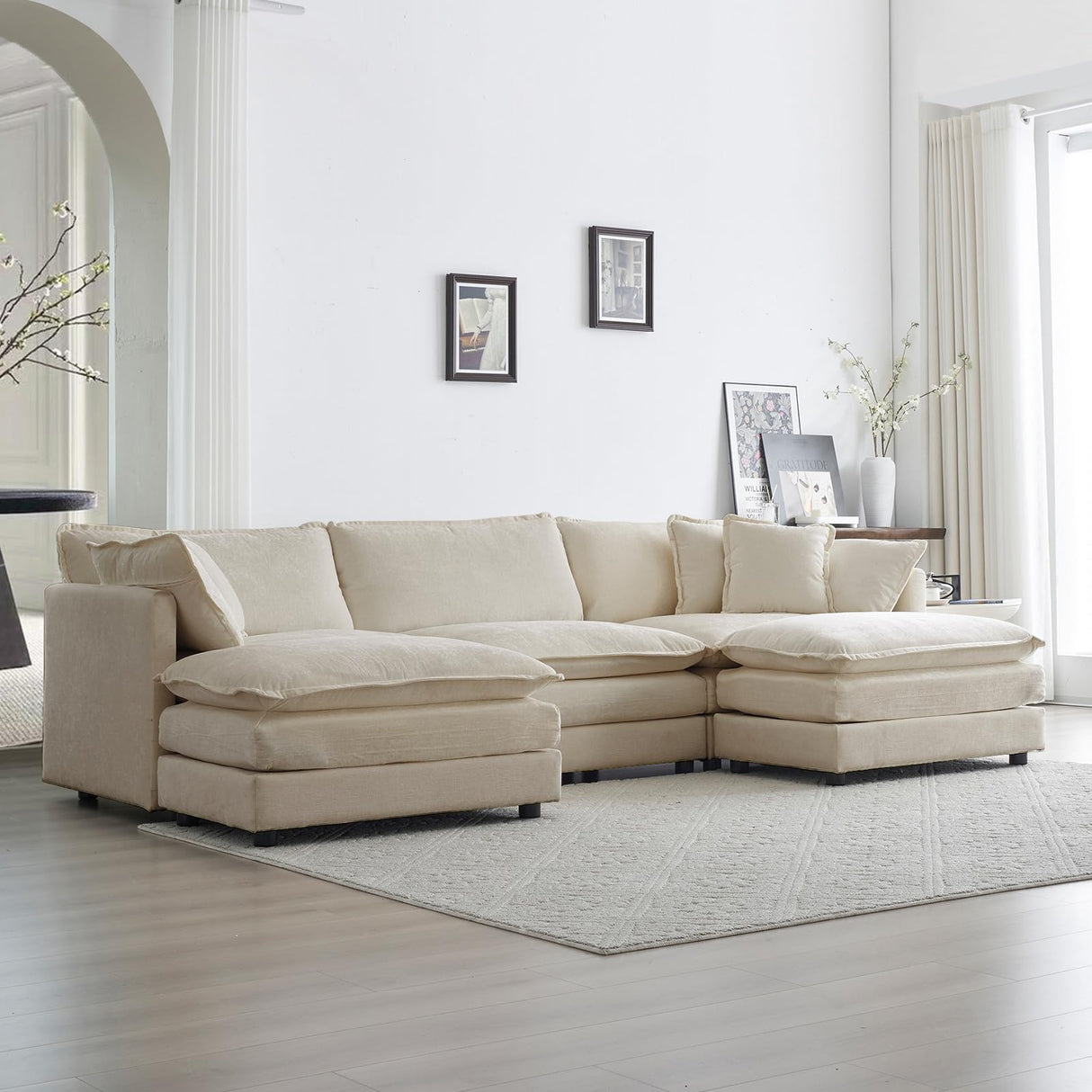 KIVENJAJA Chenille U-Shaped Modular Sectional Couch, Modern Comfy 3 Seater Deep Seat Cloud Couch with 2 Ottomans/Chaises & 5 Pillows for Living Room Office Apartment, 111.5”W, Light Camel KIVENJAJA