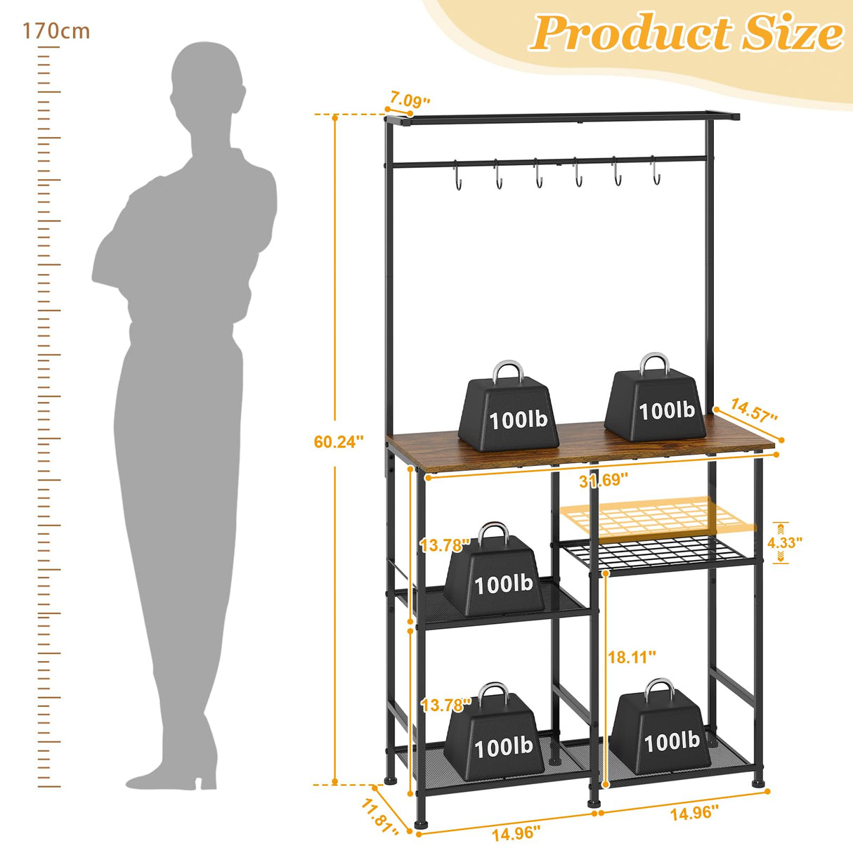 X-cosrack 60" Tall Bakers Racks for Kitchens, Microwave Stand, 4-Tiers Coffee Bar Table,with Adjustable Shelves and 6 S-Hooks,Open Shelf Storage, Kitchen Shelf for Spices, Pot Rack, Rustic Brown X-cosrack