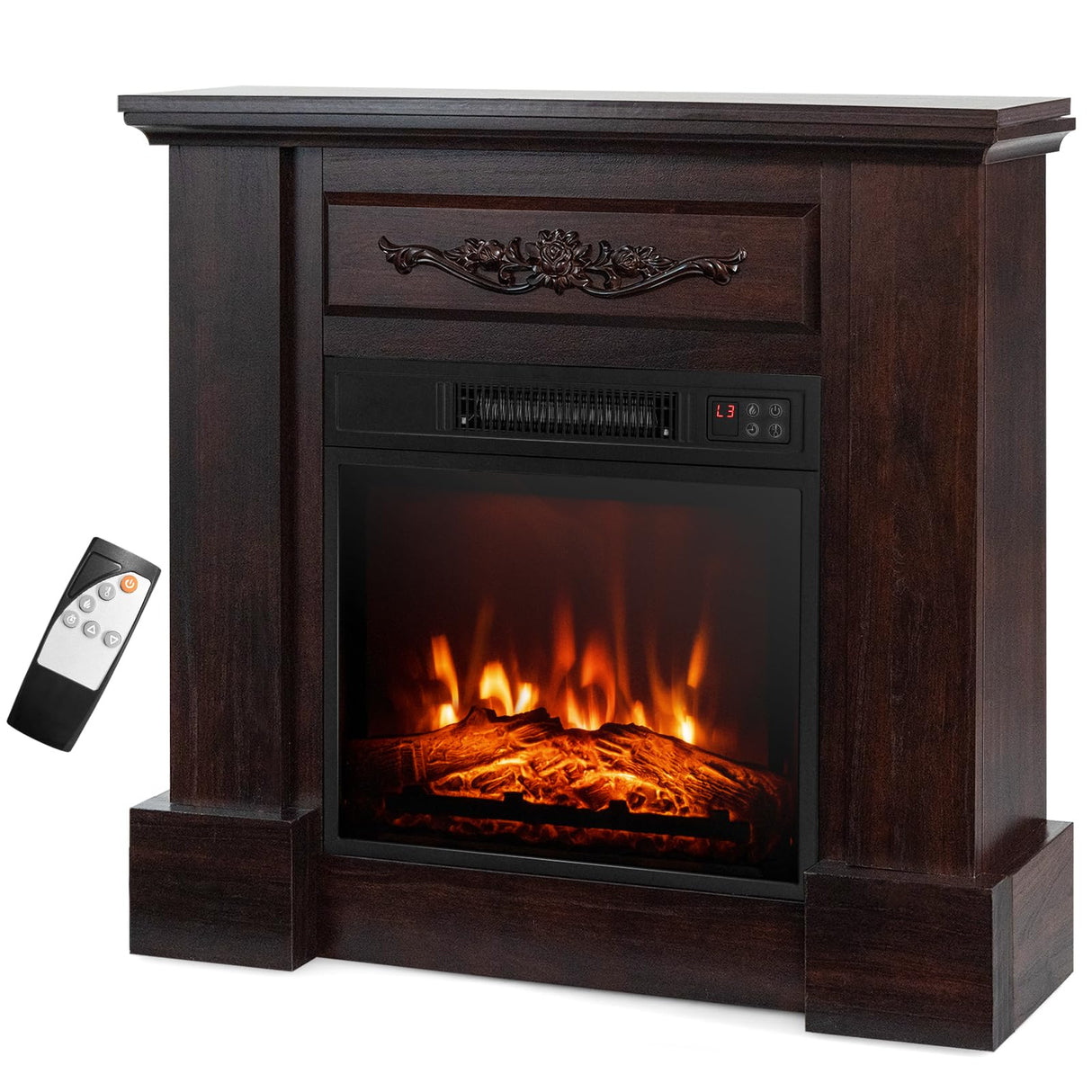 COSTWAY 32-inch Electric Fireplace with Mantel, 1400W Freestanding Fireplace Heater with Remote Control, Thermostat, 6H Timer, Adjustable 3D Flame Effect, Fireplace Mantel for Living Room, Brown COSTWAY